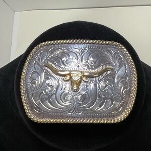 Vintage Longhorn Steer Western Belt Buckle Stamped Justin’s Silver